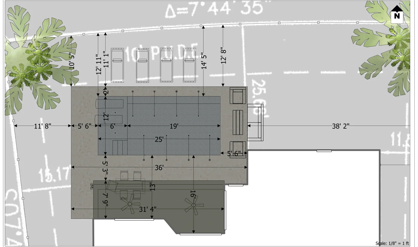 Site plan showing the 12' x 25' pool, the 6' x 12' sunshelf, deck jets and deck behind the house