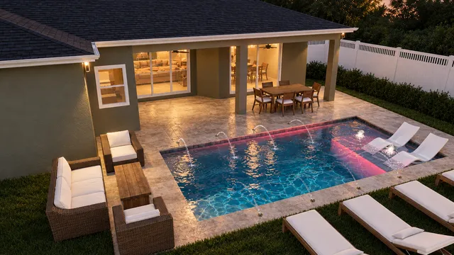 Render of the Payne pool and sunshelf, view 04 (evening aerial)