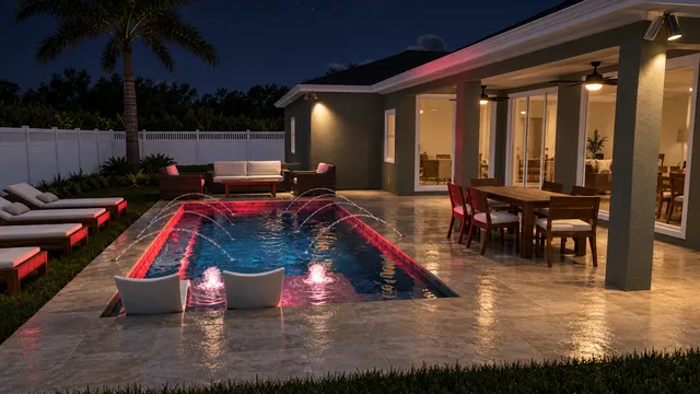Render of the Payne pool and sunshelf, view 05 (evening view)